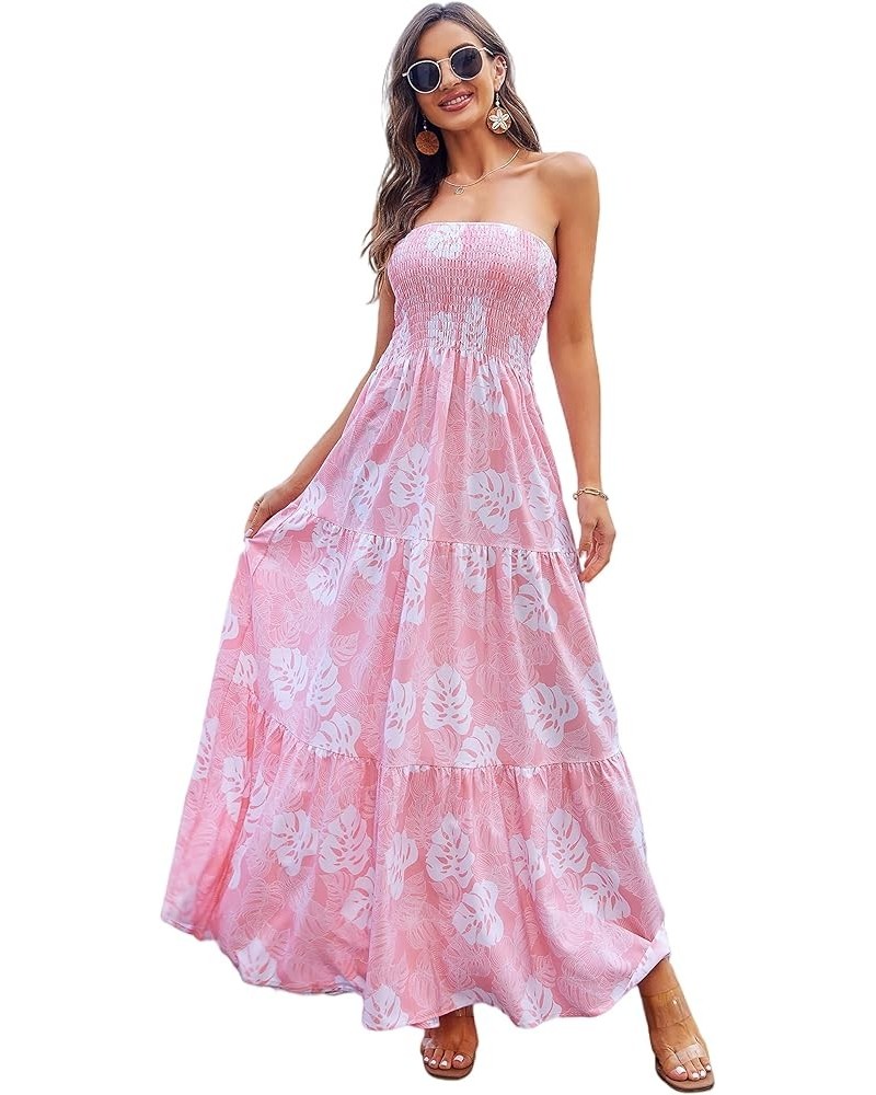 Women Casual Dress Floral High Waist Maxi Beach A Line Flowy Smocked Dress Pink Leaves $14.49 Swimsuits