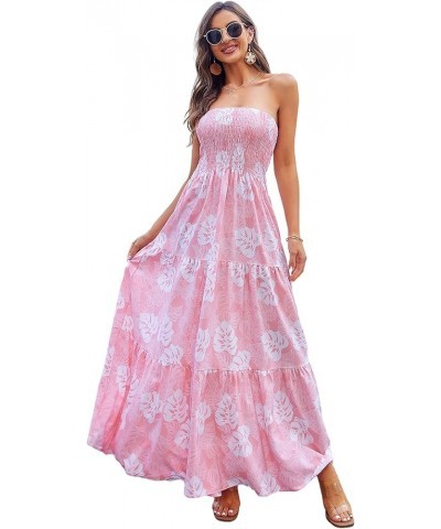 Women Casual Dress Floral High Waist Maxi Beach A Line Flowy Smocked Dress Pink Leaves $14.49 Swimsuits