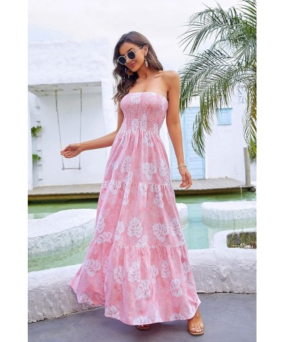 Women Casual Dress Floral High Waist Maxi Beach A Line Flowy Smocked Dress Pink Leaves $14.49 Swimsuits