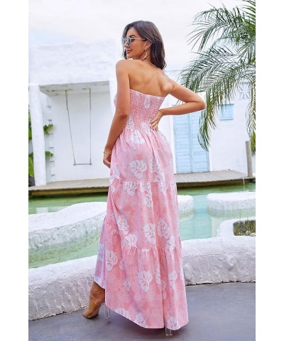 Women Casual Dress Floral High Waist Maxi Beach A Line Flowy Smocked Dress Pink Leaves $14.49 Swimsuits