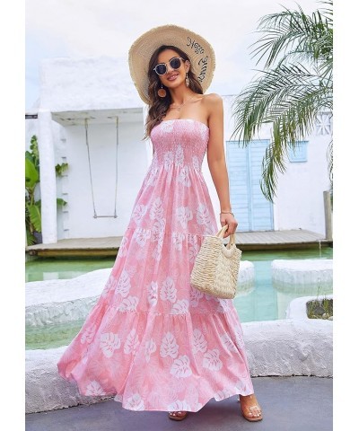 Women Casual Dress Floral High Waist Maxi Beach A Line Flowy Smocked Dress Pink Leaves $14.49 Swimsuits