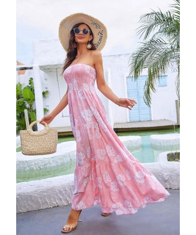 Women Casual Dress Floral High Waist Maxi Beach A Line Flowy Smocked Dress Pink Leaves $14.49 Swimsuits