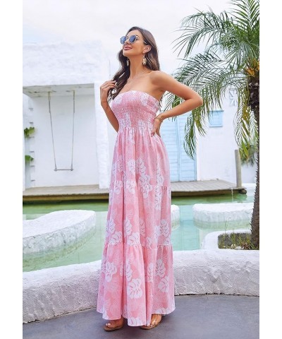 Women Casual Dress Floral High Waist Maxi Beach A Line Flowy Smocked Dress Pink Leaves $14.49 Swimsuits