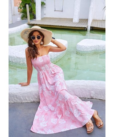 Women Casual Dress Floral High Waist Maxi Beach A Line Flowy Smocked Dress Pink Leaves $14.49 Swimsuits