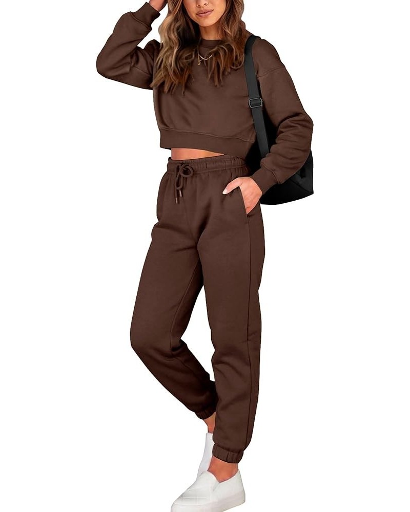 Women 2 Piece Outfits Long Sleeve Crop Top Pullover Drawstring Pant Jogger Set Casual Sweatsuits Tracksuit Pockets Solid Coff...