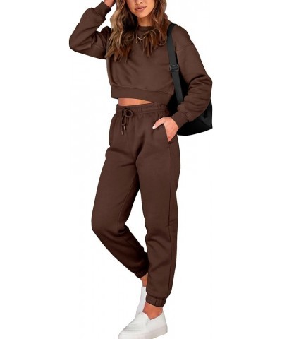 Women 2 Piece Outfits Long Sleeve Crop Top Pullover Drawstring Pant Jogger Set Casual Sweatsuits Tracksuit Pockets Solid Coff...