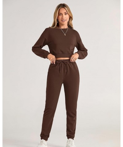 Women 2 Piece Outfits Long Sleeve Crop Top Pullover Drawstring Pant Jogger Set Casual Sweatsuits Tracksuit Pockets Solid Coff...