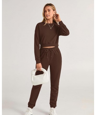 Women 2 Piece Outfits Long Sleeve Crop Top Pullover Drawstring Pant Jogger Set Casual Sweatsuits Tracksuit Pockets Solid Coff...