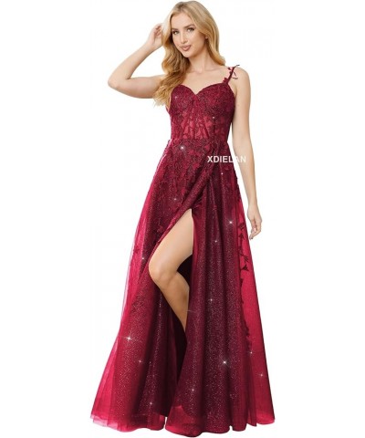 Glitter Tulle Prom Dresses for Women 2024 Lace Appliques Long Ball Gown Spaghetti Straps Formal Evening Dress with Slit Wine ...