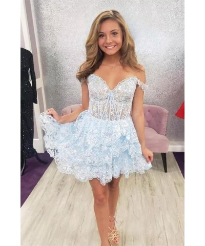 Sparkly Sequin Homecoming Dresses 2023 for Teens Off The Shoulder Short Tiered Lace Prom Dresses Cocktail Party Gown Light Bl...