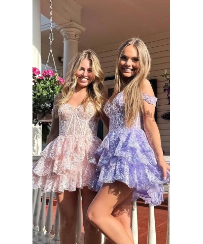 Sparkly Sequin Homecoming Dresses 2023 for Teens Off The Shoulder Short Tiered Lace Prom Dresses Cocktail Party Gown Light Bl...