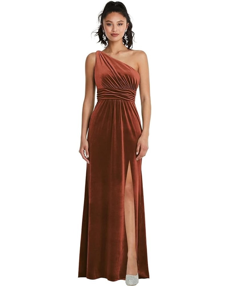 One Shoulder Bridesmaid Dresses for Wedding Pleated Long A-Line Velvet Formal Evening Gown with Slit Burnt Orange $27.95 Dresses