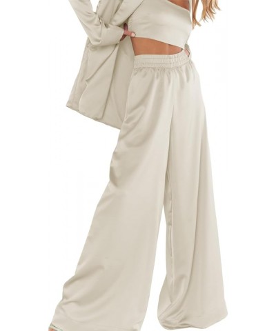 Women's Wide Leg Stain Pants Casual Elastic High Waisted Flowy Loose Pants with Pockets Khaki $11.44 Pants