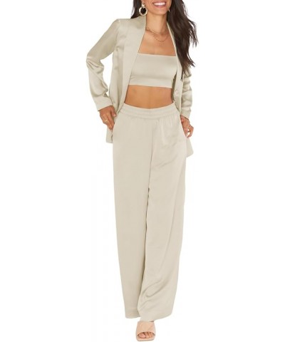 Women's Wide Leg Stain Pants Casual Elastic High Waisted Flowy Loose Pants with Pockets Khaki $11.44 Pants