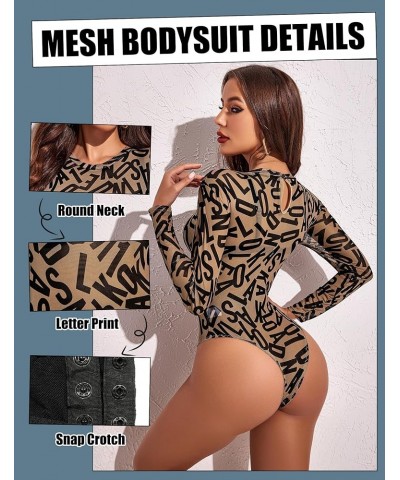 Womens Mesh Bodysuit Black Long Sleeve Bodysuit Round Neck Sheer Leotards Sexy Bodysuit Tops Snap Crotch Letter Print $16.79 ...