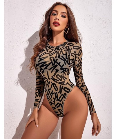 Womens Mesh Bodysuit Black Long Sleeve Bodysuit Round Neck Sheer Leotards Sexy Bodysuit Tops Snap Crotch Letter Print $16.79 ...