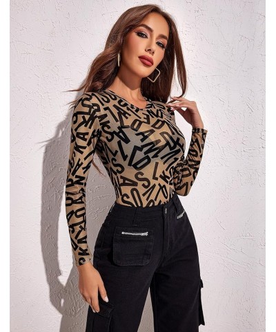 Womens Mesh Bodysuit Black Long Sleeve Bodysuit Round Neck Sheer Leotards Sexy Bodysuit Tops Snap Crotch Letter Print $16.79 ...