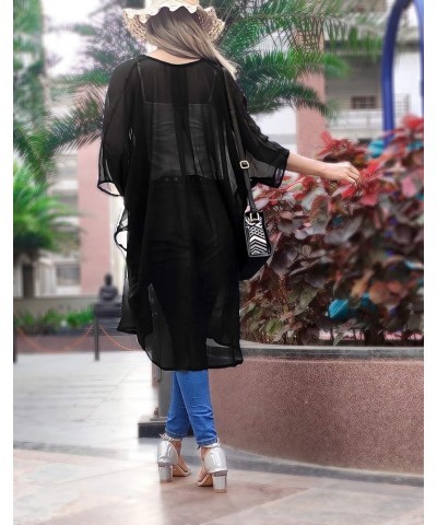 Women's Solid Sheer Beach Button Down Kimonos Swimsuit Cover up Casual Summer Kimono Duster Cardigans for Women Black, Plain ...