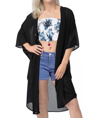 Women's Solid Sheer Beach Button Down Kimonos Swimsuit Cover up Casual Summer Kimono Duster Cardigans for Women Black, Plain ...