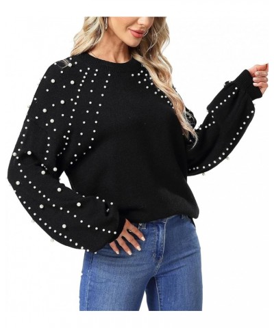 Women's Chunky Sweaters Lantern Sleeve Crewneck Oversized Knitted Pullover Sweater with Pearls Black $22.25 Sweaters