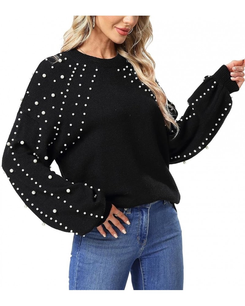 Women's Chunky Sweaters Lantern Sleeve Crewneck Oversized Knitted Pullover Sweater with Pearls Black $22.25 Sweaters