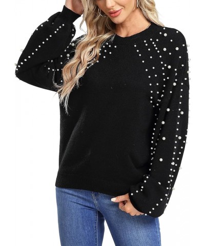 Women's Chunky Sweaters Lantern Sleeve Crewneck Oversized Knitted Pullover Sweater with Pearls Black $22.25 Sweaters