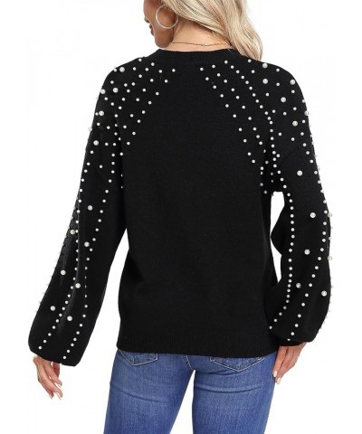 Women's Chunky Sweaters Lantern Sleeve Crewneck Oversized Knitted Pullover Sweater with Pearls Black $22.25 Sweaters