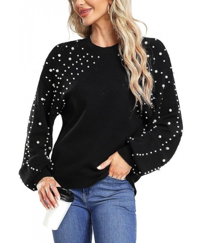 Women's Chunky Sweaters Lantern Sleeve Crewneck Oversized Knitted Pullover Sweater with Pearls Black $22.25 Sweaters