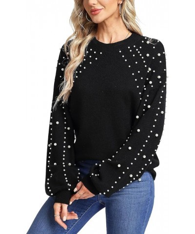 Women's Chunky Sweaters Lantern Sleeve Crewneck Oversized Knitted Pullover Sweater with Pearls Black $22.25 Sweaters