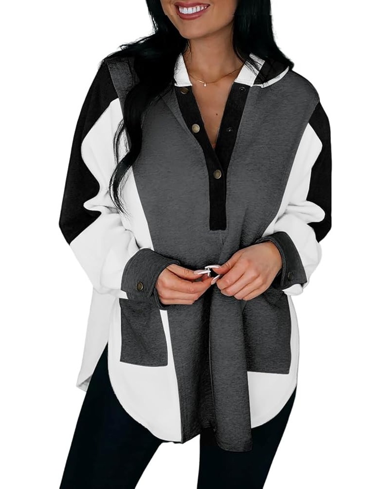 Womens 2024 Fashion Gray Color Block Exposed Seam Buttoned Neckline Hoodie Black $14.86 Hoodies & Sweatshirts