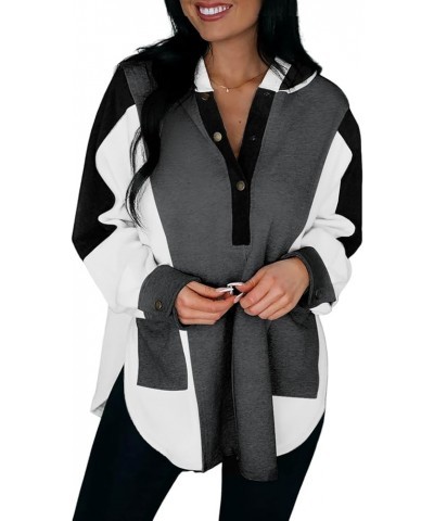 Womens 2024 Fashion Gray Color Block Exposed Seam Buttoned Neckline Hoodie Black $14.86 Hoodies & Sweatshirts