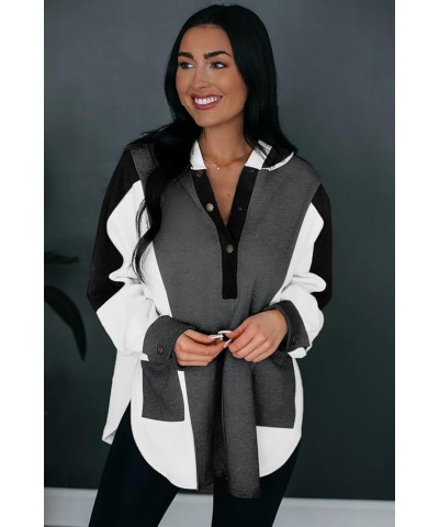 Womens 2024 Fashion Gray Color Block Exposed Seam Buttoned Neckline Hoodie Black $14.86 Hoodies & Sweatshirts