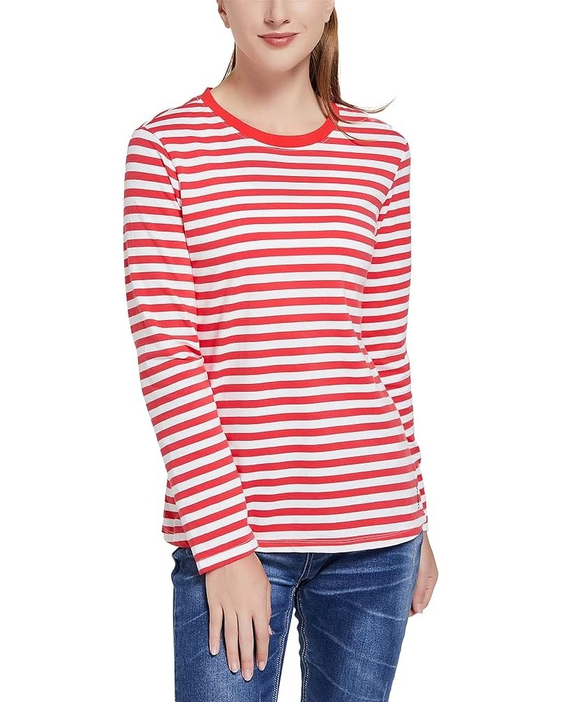 Women's Long Sleeve T-Shirt Striped Tee Shirt Tops Regular Fit Plain Color Tees for Women Size S-2XL Red and White Stripe $14...