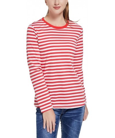 Women's Long Sleeve T-Shirt Striped Tee Shirt Tops Regular Fit Plain Color Tees for Women Size S-2XL Red and White Stripe $14...