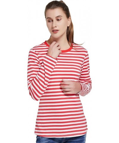 Women's Long Sleeve T-Shirt Striped Tee Shirt Tops Regular Fit Plain Color Tees for Women Size S-2XL Red and White Stripe $14...