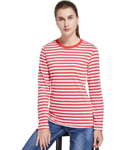 Women's Long Sleeve T-Shirt Striped Tee Shirt Tops Regular Fit Plain Color Tees for Women Size S-2XL Red and White Stripe $14...