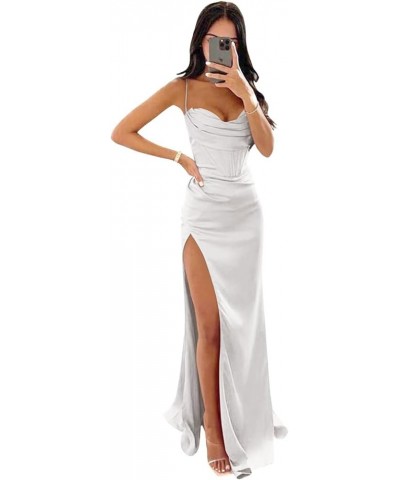 Women's Satin Mermaid Prom Dresses Long Halter Sweetheart Corset Formal Evening Party Gowns with Slit White $31.89 Dresses