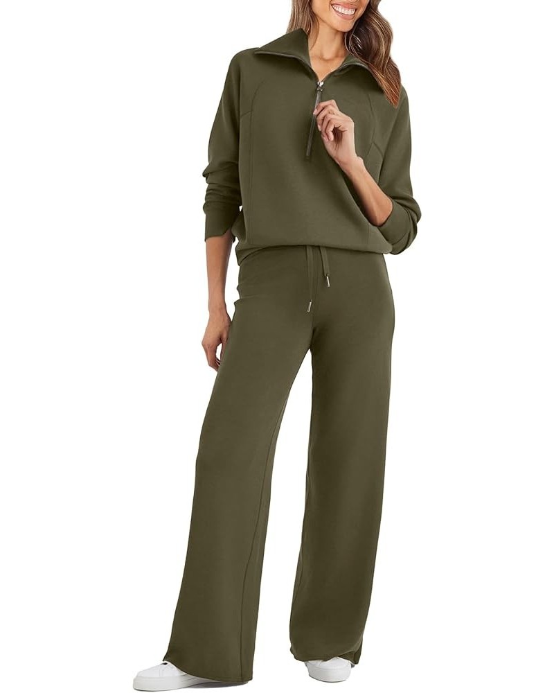 Womens 2 Piece Outfits Sweatsuit Set Oversized Half Zip Sweatshirt Wide Leg Sweatpants Lounge Set Tracksuit Army Green $27.44...