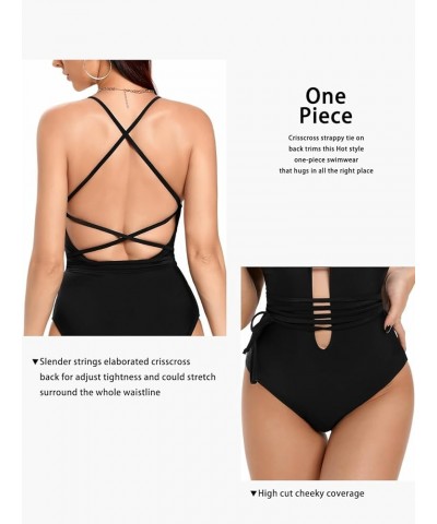 Women's One Piece Plunge Skinny Straps Swimsuit Criss Cross Tie Knot Front Bathing Suit Deep V Open Back Swimwear Black $14.0...