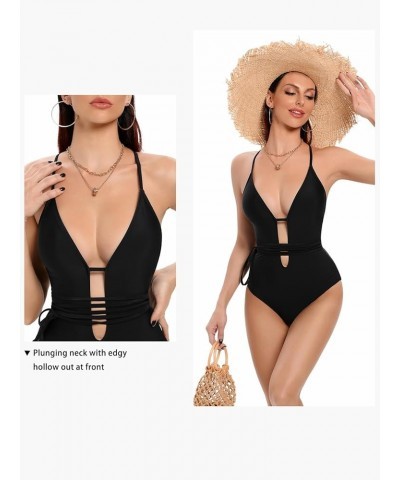 Women's One Piece Plunge Skinny Straps Swimsuit Criss Cross Tie Knot Front Bathing Suit Deep V Open Back Swimwear Black $14.0...