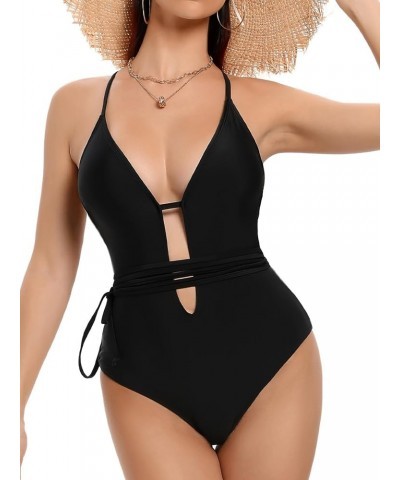 Women's One Piece Plunge Skinny Straps Swimsuit Criss Cross Tie Knot Front Bathing Suit Deep V Open Back Swimwear Black $14.0...