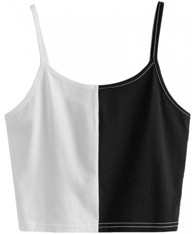 Women's Casual Color Block Spaghetti Strap Crop Cami Top Black White $6.23 Tanks