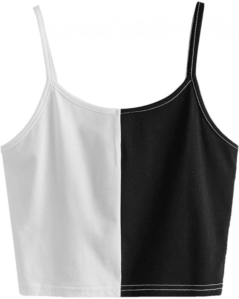 Women's Casual Color Block Spaghetti Strap Crop Cami Top Black White $6.23 Tanks