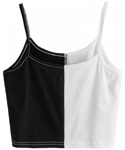 Women's Casual Color Block Spaghetti Strap Crop Cami Top Black White $6.23 Tanks