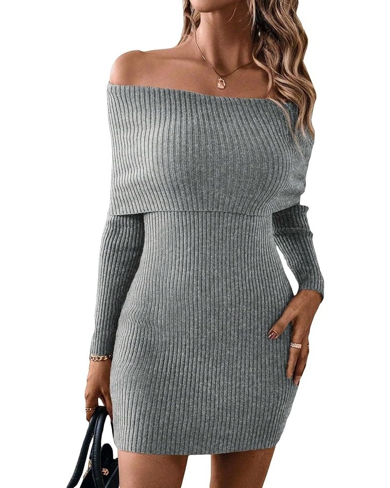 Women's Ribbed Knit Off Shoulder Long Sleeve Bodycon Mini Sweater Dress Grey $25.51 Sweaters