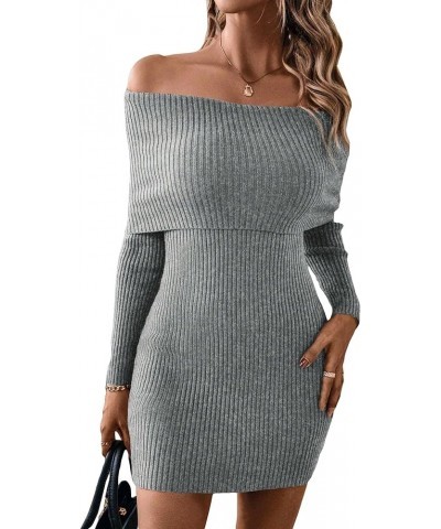 Women's Ribbed Knit Off Shoulder Long Sleeve Bodycon Mini Sweater Dress Grey $25.51 Sweaters