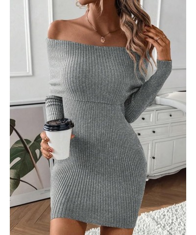 Women's Ribbed Knit Off Shoulder Long Sleeve Bodycon Mini Sweater Dress Grey $25.51 Sweaters