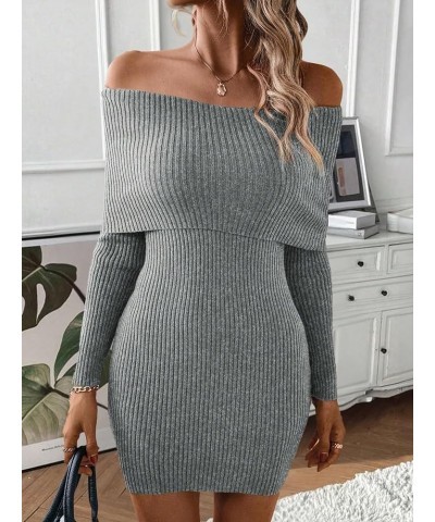 Women's Ribbed Knit Off Shoulder Long Sleeve Bodycon Mini Sweater Dress Grey $25.51 Sweaters