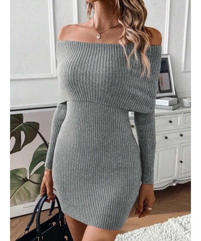 Women's Ribbed Knit Off Shoulder Long Sleeve Bodycon Mini Sweater Dress Grey $25.51 Sweaters