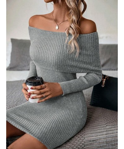 Women's Ribbed Knit Off Shoulder Long Sleeve Bodycon Mini Sweater Dress Grey $25.51 Sweaters